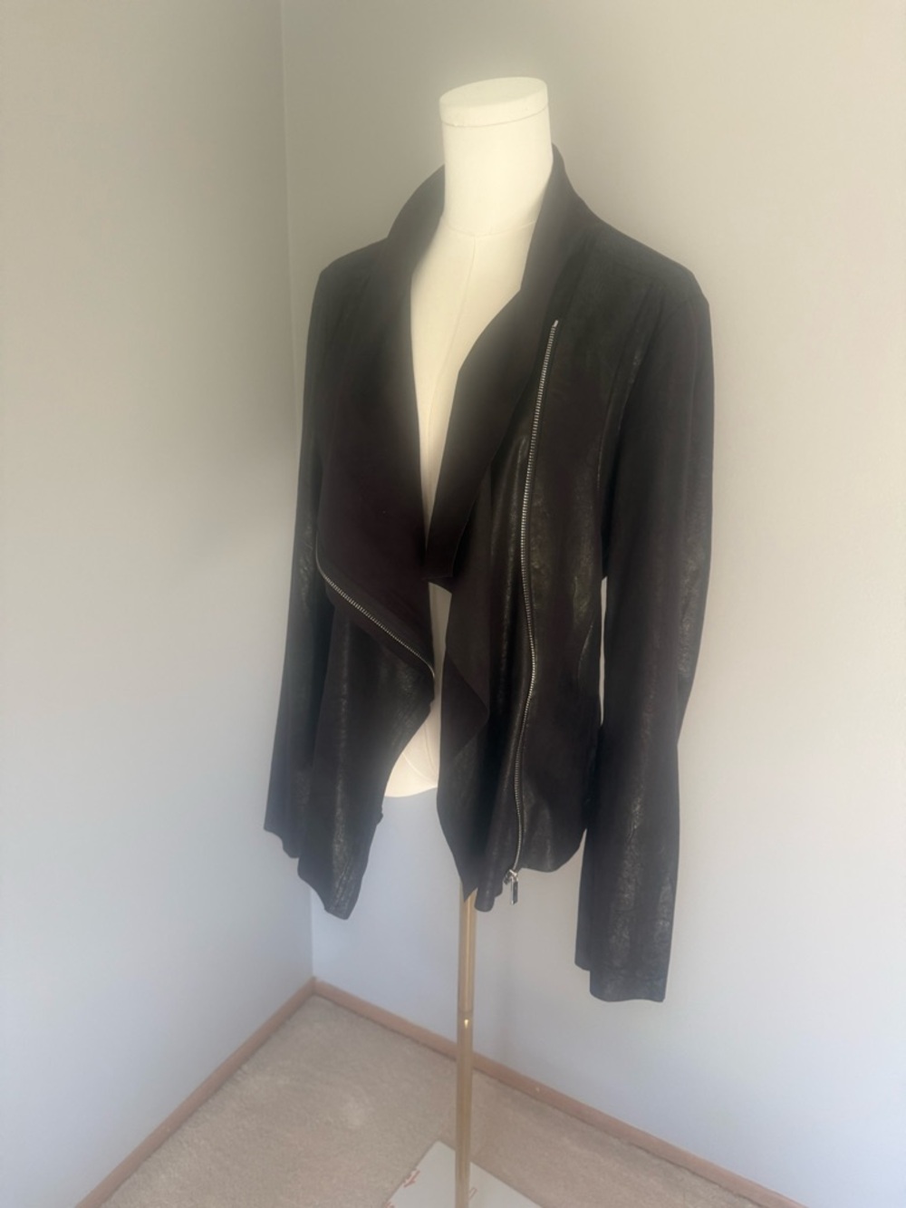 Calvin Klein Black Draped Faux Leather Zip Jacket - Picture 4 of 16